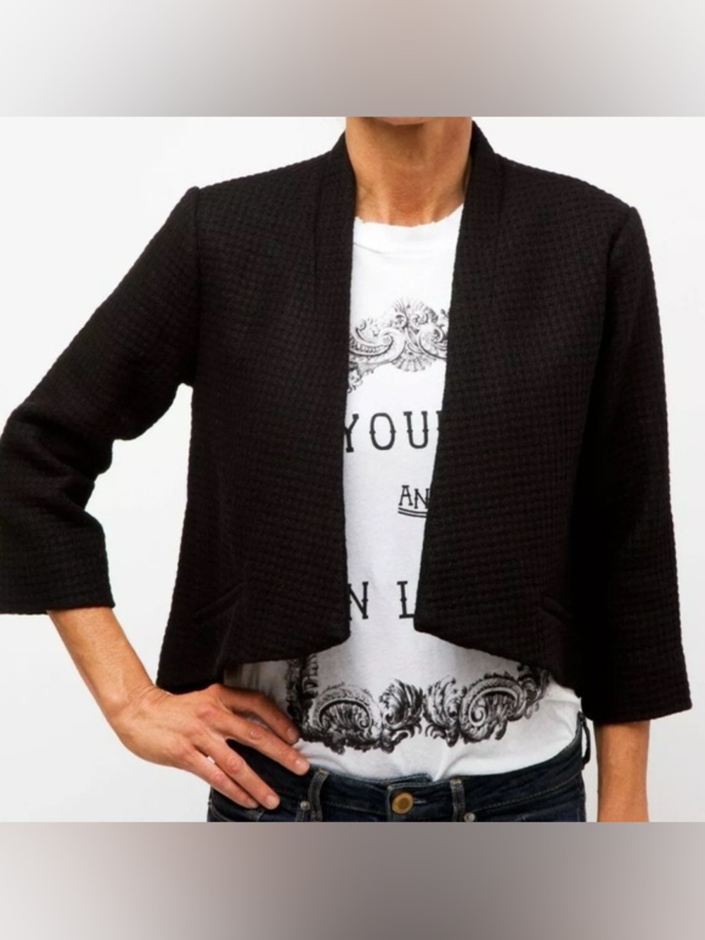 BB Dakota Black Textured Open-Front Cropped Blazer
